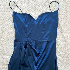 blue satin formal midi dress